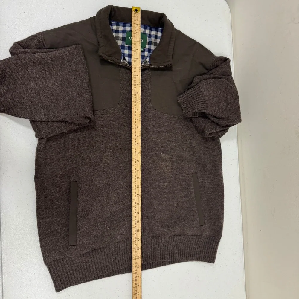 Orvis Mens Full Zip Knit Cardigan Sweater Brown Shoulder Patches Size‎ L Large
